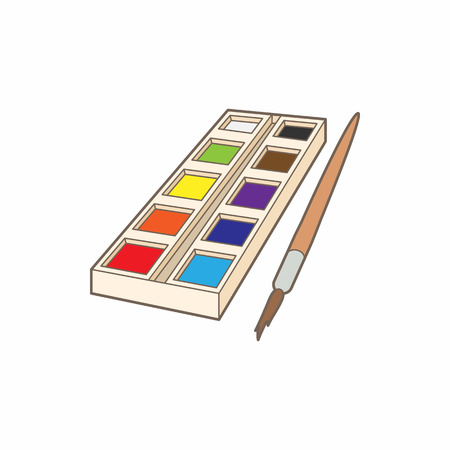 Watercolor in a box with brush icon in cartoon style on a white backgroundのイラスト素材