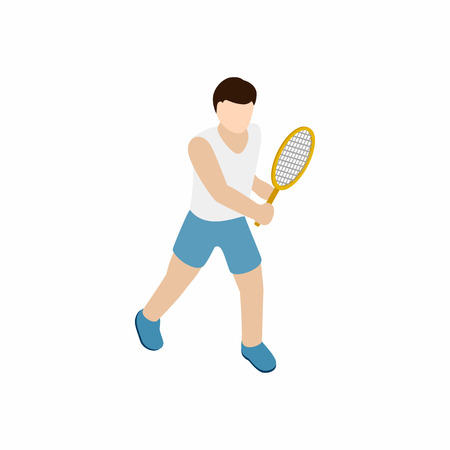 Man playing tennis with tennis racket icon in isometric 3d style on a white backgroundのイラスト素材