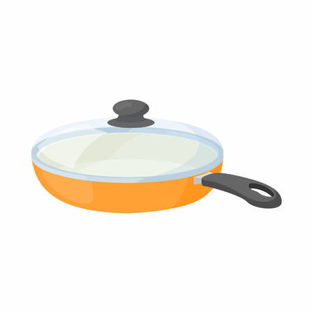 Ceramic frying pan with glass lid icon in cartoon style on a white backgroundのイラスト素材