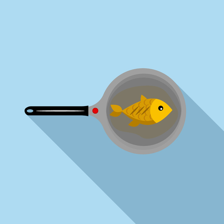 Fish on a pan icon in flat style on a light blue backgroundのイラスト素材