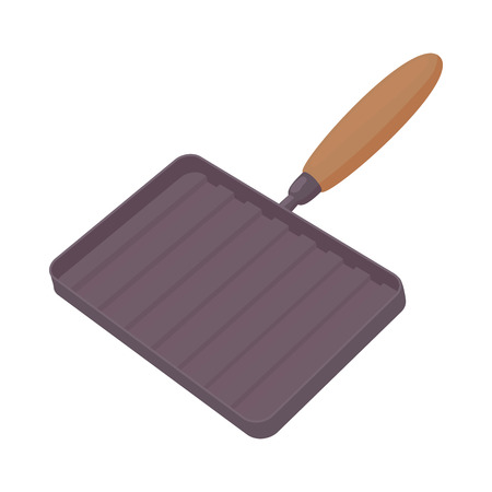 Grill pan with a wooden handle icon in cartoon style on a white backgroundのイラスト素材