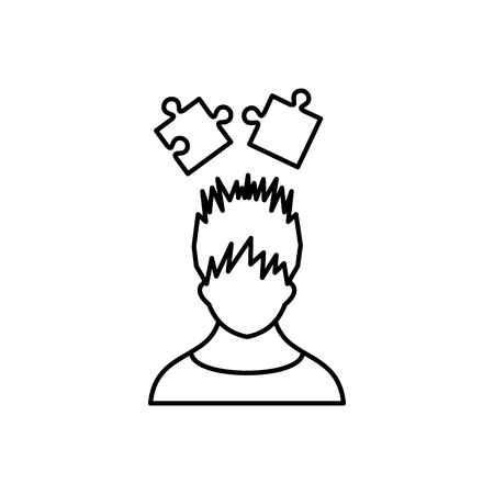 Man with puzzles over head icon in outline style isolated on white backgroundのイラスト素材