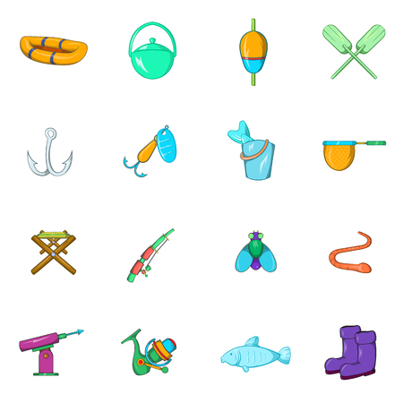 Fishing icons set in cartoon style isolated on white backgroundのイラスト素材