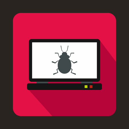 Laptop icon with a bug icon in flat style on a pink backgroundのイラスト素材