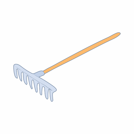 Rake with a wooden handle icon in cartoon style on a white backgroundのイラスト素材