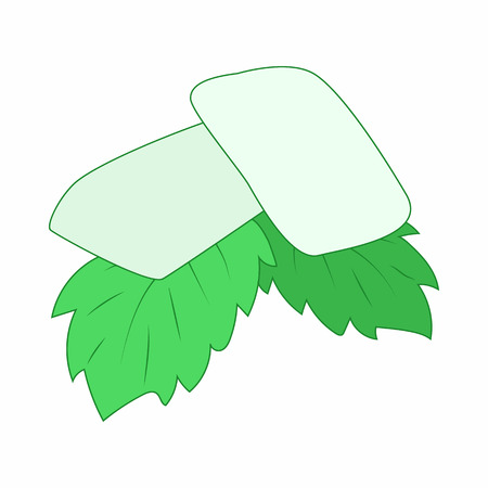 Chewing gum with fresh mint leaves icon in cartoon style on a white backgroundのイラスト素材
