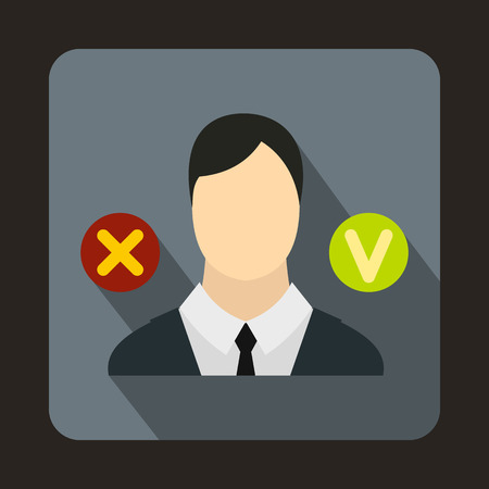Businessman, green tick and red cross icon in flat style on a gray backgroundのイラスト素材
