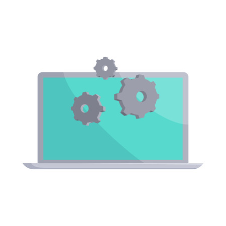 Laptop and gears icon in cartoon style on a white backgroundのイラスト素材