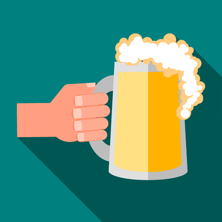 Hand holding mug of beer icon in flat style on a turquoise backgroundのイラスト素材