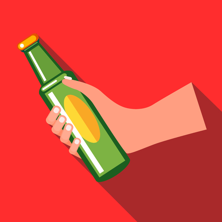 Hand holding a green beer bottle icon in flat style on a red backgroundのイラスト素材