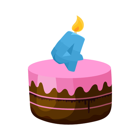 Birthday cake with birthday candle number four icon in cartoon style on a white backgroundのイラスト素材