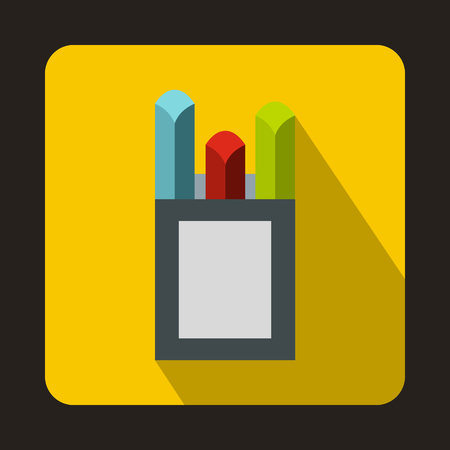 Colorful chalks in carton box icon in flat style on a yellow backgroundのイラスト素材