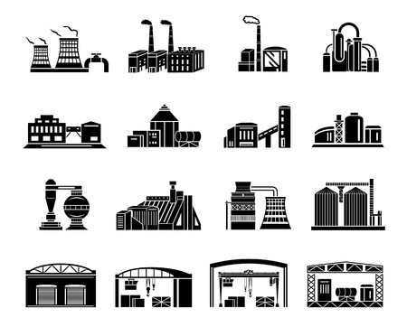Set of Factory building, production equipment, cranes and warehouses. silhouettes on a white background for any design styleのイラスト素材