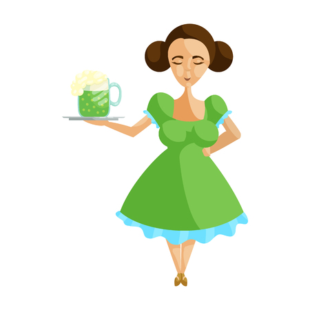 Girl in german traditional dress with mug of beer on a tray icon in cartoon style on a white backgroundのイラスト素材
