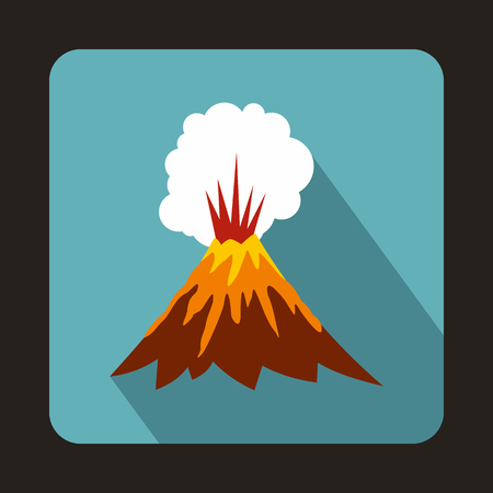 Volcano erupting icon in flat style on a baby blue backgroundのイラスト素材