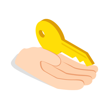Hand holds key icon in isometric 3d style isolated on white background. Doors and locks symbolのイラスト素材