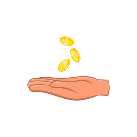 Hand and falling coins icon in cartoon style on a white backgroundのイラスト素材