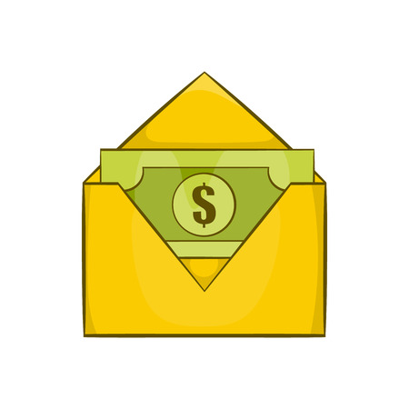 Dollar bills in yellow paper envelope icon in cartoon style on a white backgroundのイラスト素材
