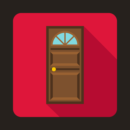 Brown door with an arched glass icon in flat style on a pink backgroundのイラスト素材