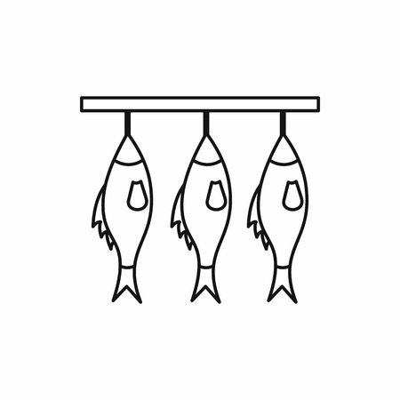 Three dried fish hanging on a rope icon in outline style isolated vector illustrationのイラスト素材