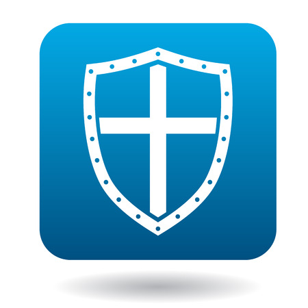 Shield icon in simple style in blue square. Protection symbolのイラスト素材
