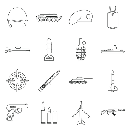 Military icons set in outline style. Army equipment set collection vector illustrationのイラスト素材