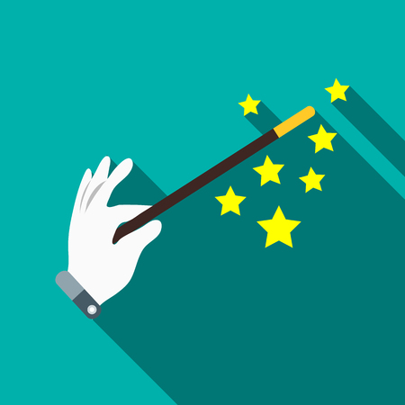 Magician hand with a magic wand icon in flat style on a turquoise backgroundのイラスト素材