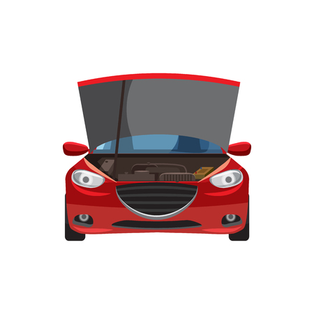 Red car with an open hood icon in cartoon style on a white backgroundのイラスト素材