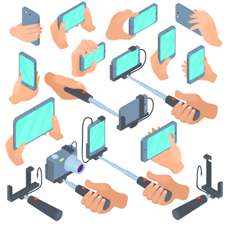 Cartoon selfie icons set. Universal selfie icons to use for web and mobile UI, set of basic selfie elements isolated vector illustrationのイラスト素材