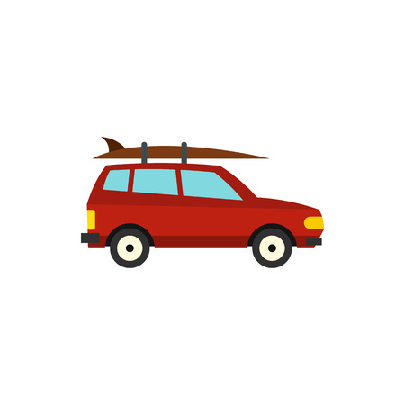 Red car with surfboard icon in flat style on a white backgroundのイラスト素材