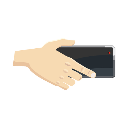Hand holding smartphone icon in cartoon style on a white backgroundのイラスト素材