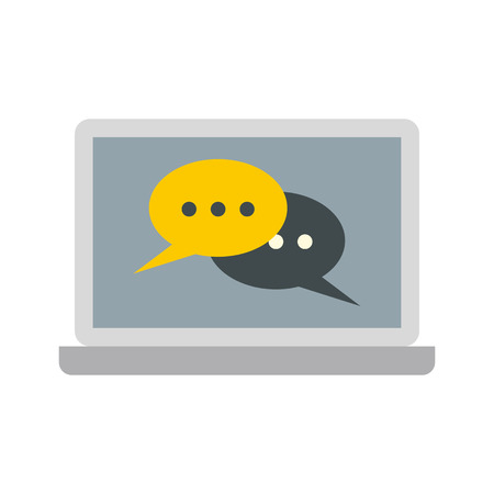 Two speech bubbles on a laptop icon in flat style on a white backgroundのイラスト素材