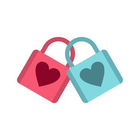 Blue and pink padlocks with heart icon in flat style on a baby whute backgroundのイラスト素材