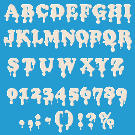 Milk alphabet with numbers isolated on white background. English font in milk texture set collection vector illustrationのイラスト素材