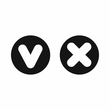 Fat tick and cross in circles icon in simple style isolated on white background. Click and choice symbolのイラスト素材