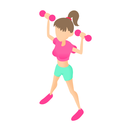 Fitness girl with dumbbells icon in cartoon style isolated on white background. Sport symbolのイラスト素材