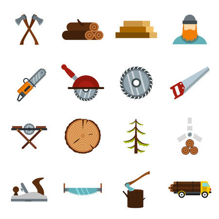 Timber industry icons set in flat style. Lumberjack equipment set collection vector illustrationのイラスト素材