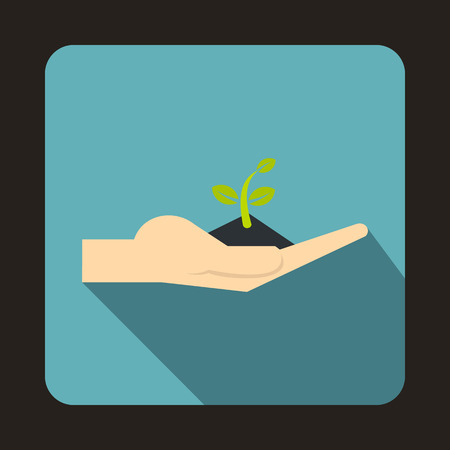 Plant in the hand icon in flat style on a baby blue background vector illustrationのイラスト素材