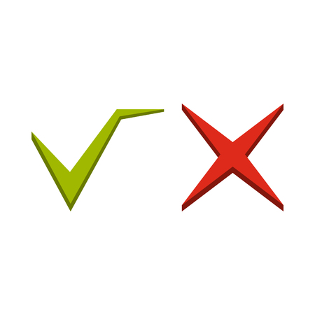 Tick and cross icon in flat style isolated on white background. Click and choice symbol vector illustrationのイラスト素材