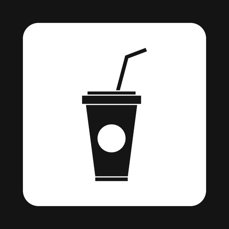 Paper cup for beverages with lid and straw icon in simple style on a white background vector illustrationのイラスト素材