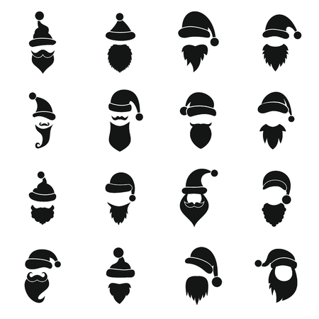 Santa hats, mustache and beards icons set in simple style. Christmas elements set collection vector illustrationのイラスト素材