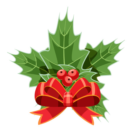 Christmas bow with holly berry icon in cartoon style isolated on white background vector illustrationのイラスト素材