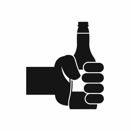 Hand holding bottle of beer icon in simple style isolated on white background. Drink symbolのイラスト素材