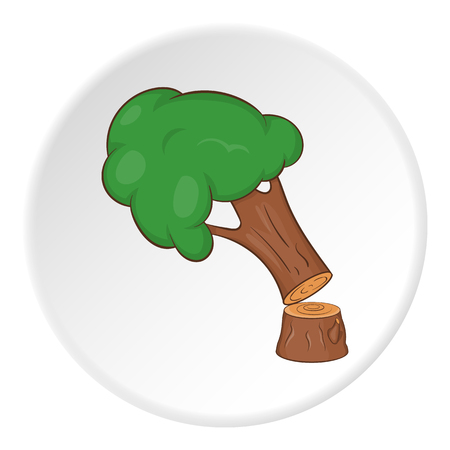Felled tree icon in cartoon style on white circle background. Felling symbol vector illustrationのイラスト素材