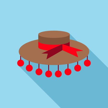 Womens hat with red bow icon in flat style with long shadow. Headwear symbol vector illustrationのイラスト素材