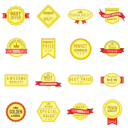 Retail label icons set in cartoon style. Premium quality stickers set collection vector illustrationのイラスト素材