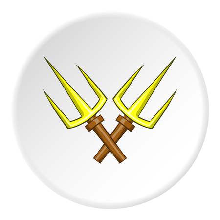 Crossed tridents icon in cartoon style isolated on white circle background. Weapon symbol vector illustrationのイラスト素材