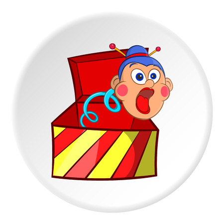 Box with jumping toy icon in cartoon style isolated on white circle background. Holiday symbol vector illustrationのイラスト素材
