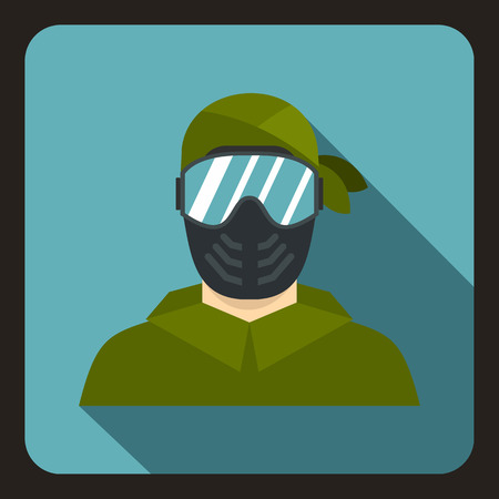 Paintball sport player wearing protective mask icon in flat style on a baby blue background vector illustrationのイラスト素材