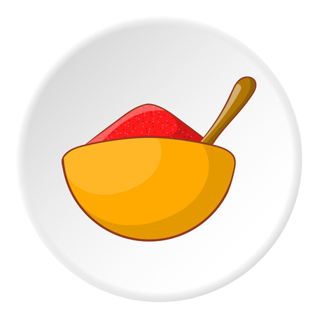 Cup with spoon and food icon in cartoon style isolated on white circle background. Eat symbol vector illustrationのイラスト素材